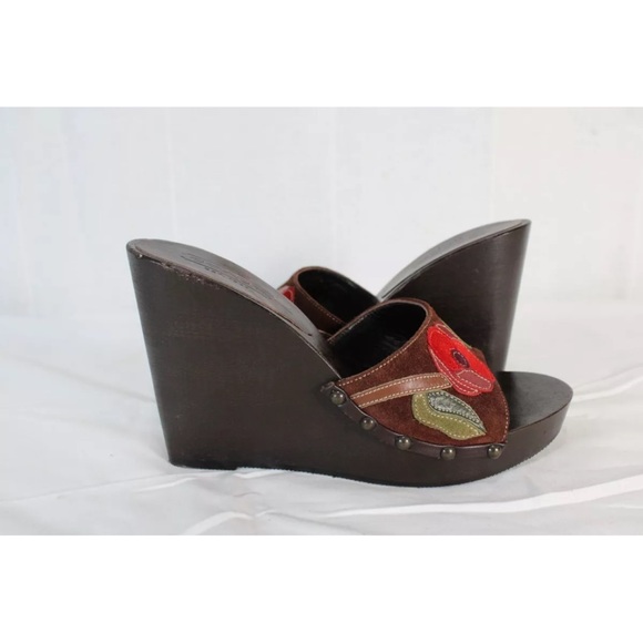Coach Floral Suede Patchwork Wooden Wedge Sandal Size 6.5 - Picture 6 of 15